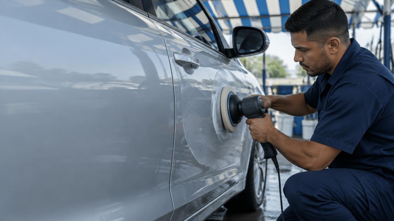 Detailer polishing a silver car with a rotary buffer