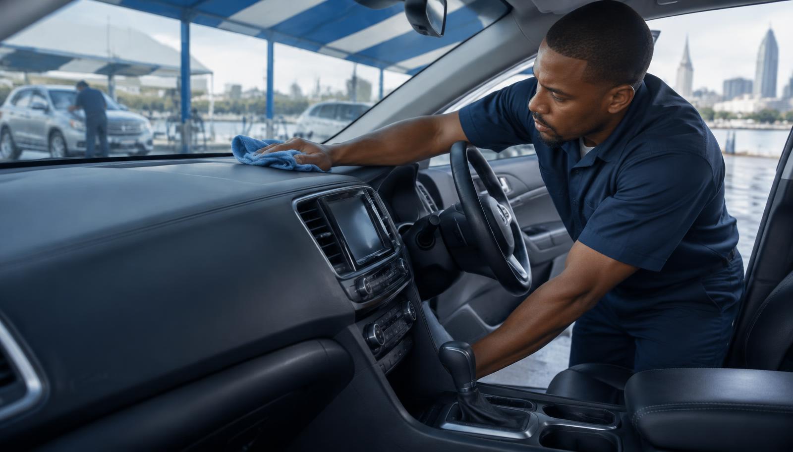 LEIAUTO detailer deep-cleaning a silver sedan interior