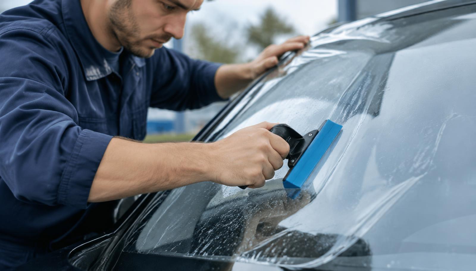 Clear protective film being applied across a vehicle windshield