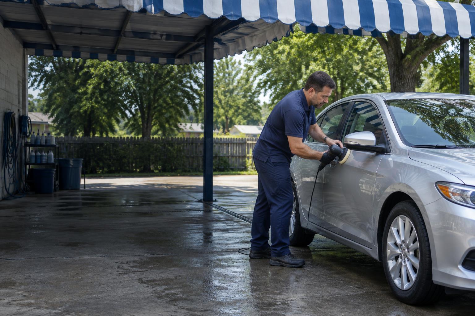 Detailer polishing a silver sedan under the blue canvas awning